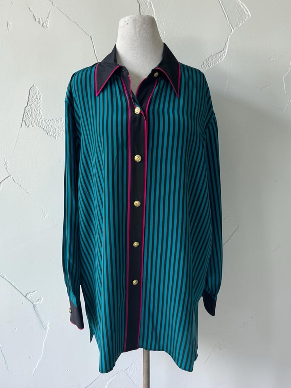 Vtg 90s Bob Mackie Wearable Art Teal Black Stripe 100% Silk Top Sz 1X Classic